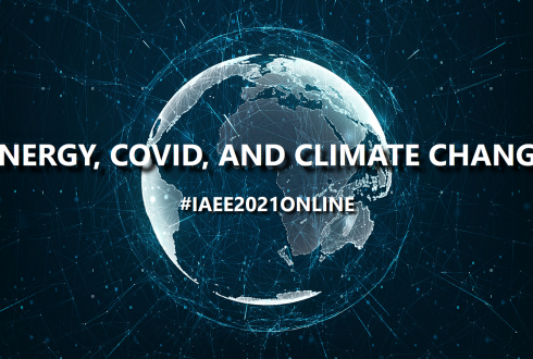 Event banner with globe, the theme of the event and the #IAEE2021ONLINE hashtag